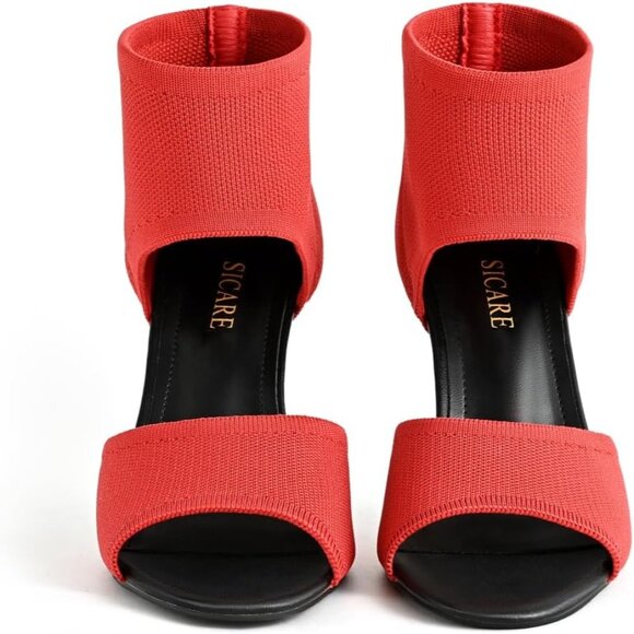 Red 3 Inches Peep Toe Synthetic Stiletto Stretchy Heeled Sandals for Women - Picture 6 of 10